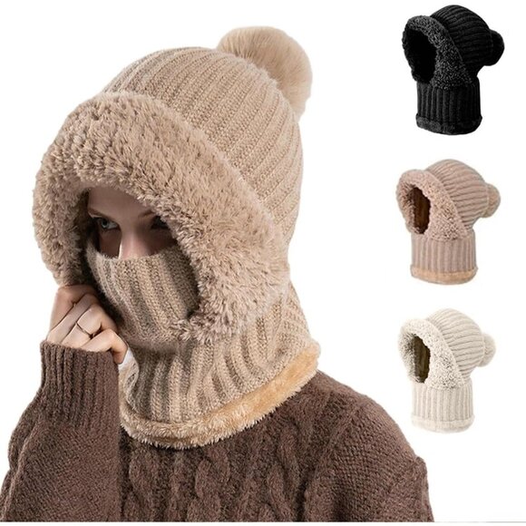 Accessories - 3 in 1 Beanie Hat Women Hat with Scarf and Mask Winter Warm Knit Ski Scarf Khaki